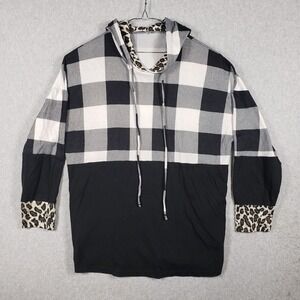 Black White Buffalo Plaid Leopard Trim Cowl Neck Hoodie Tunic Top 2XL Relaxed